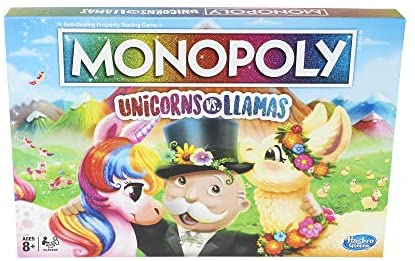 MONOPOLY Unicorns vs. Llamas Board Game for Ages 8 and Up; Play on Team Unicorn or Team Llama