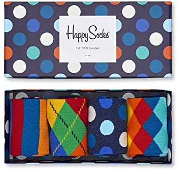 Happy Socks, Assorted Colorful Premium Cotton Sock 4 Pair Gift Box for Men and Women