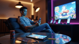 a man sitting and playing mobile games